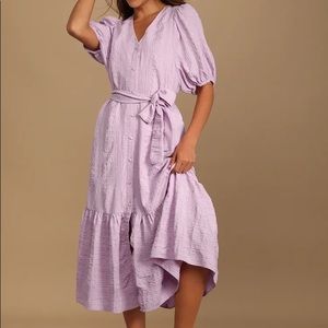 NWT Lulus Sunny Love Purple Seersucker Puff Sleeve Button-Front Midi Dress